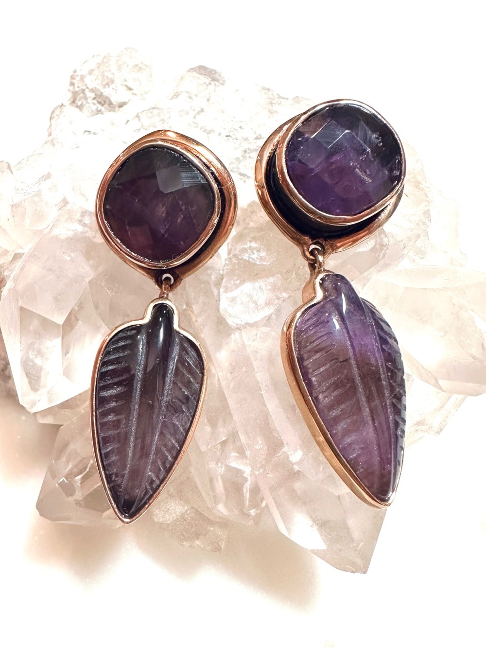 Amy Kahn Russell Purple Amethyst Bronze Vintage Dangle Post Earrings